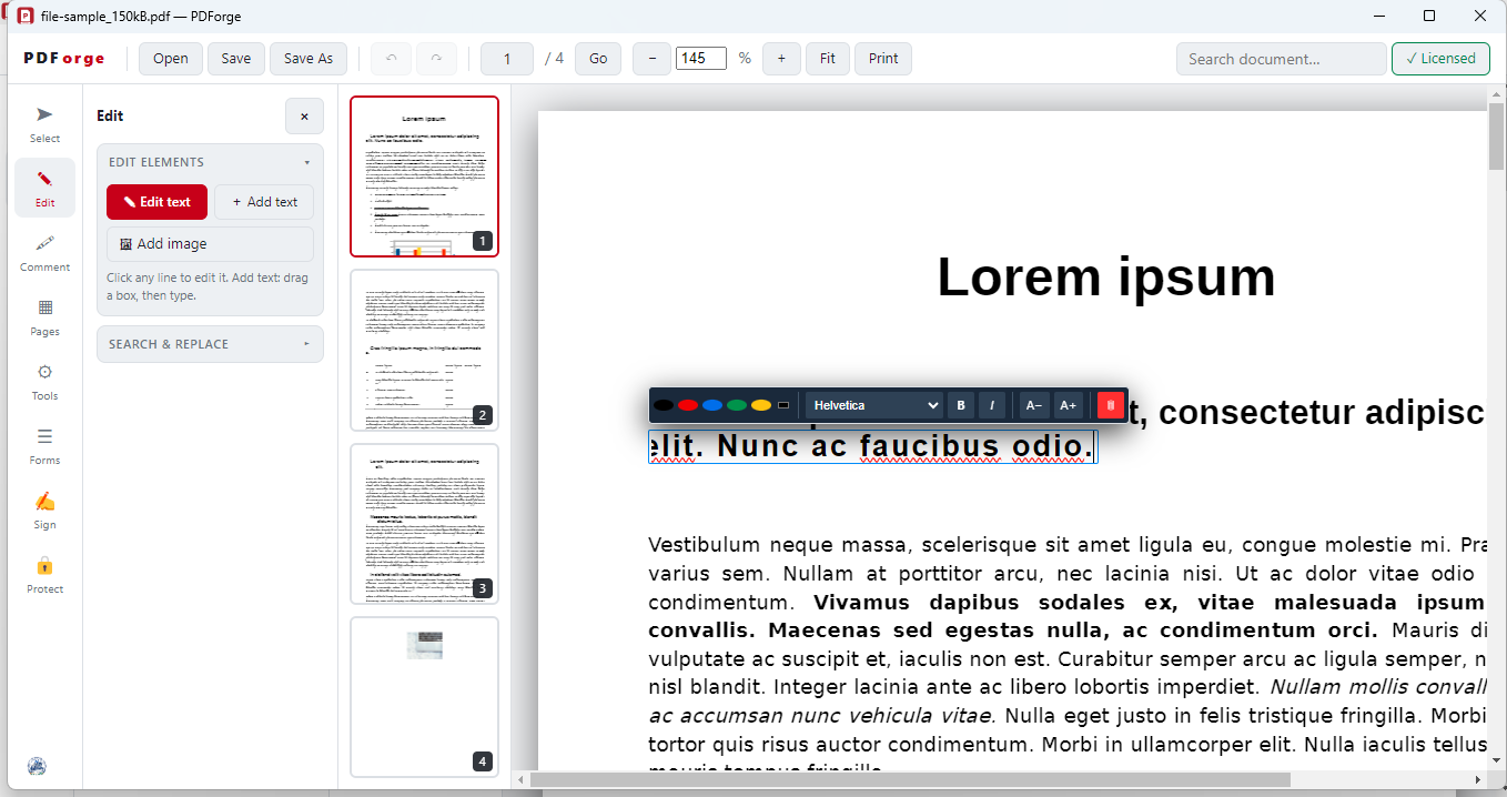 PDForge editor showing inline text editing with font, color, and formatting controls