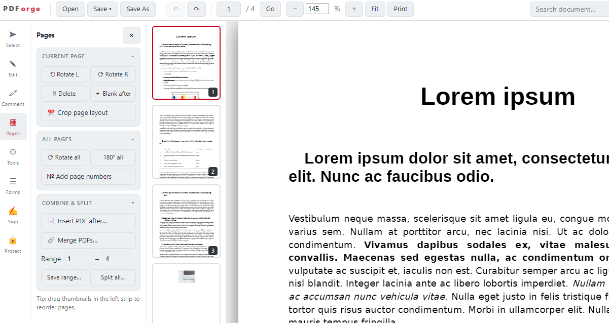 Page management panel showing rotate, delete, insert, and merge PDF tools