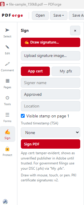 Signing panel with certificate-based signing and trusted timestamp options